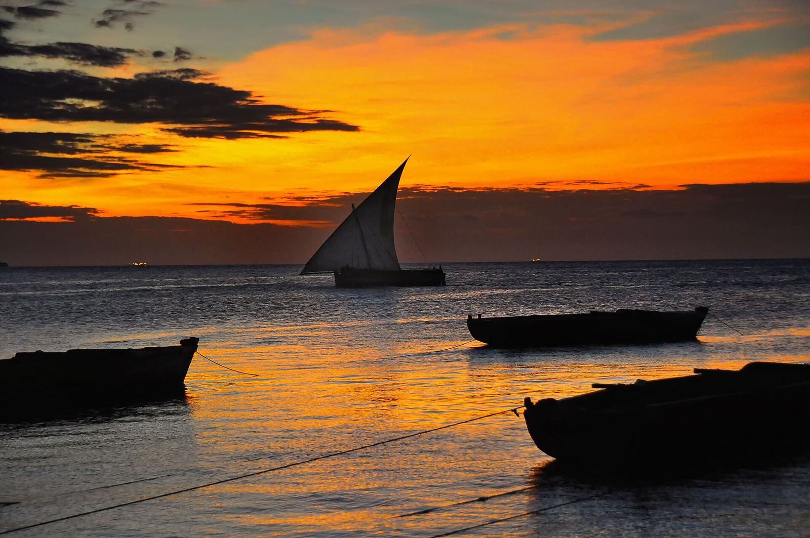 A dhow silhouetted against the coastal sunset